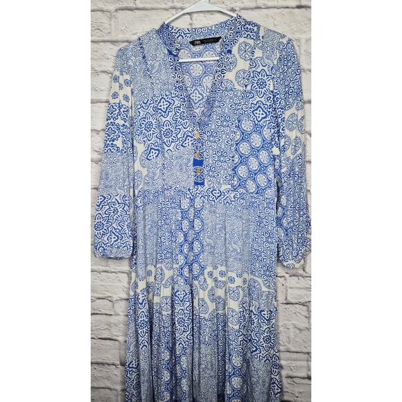 ZARA Blue White Patchwork Tile Print Tiered Midi Dress Long Sleeve Medium M Boho - Picture 4 of 10